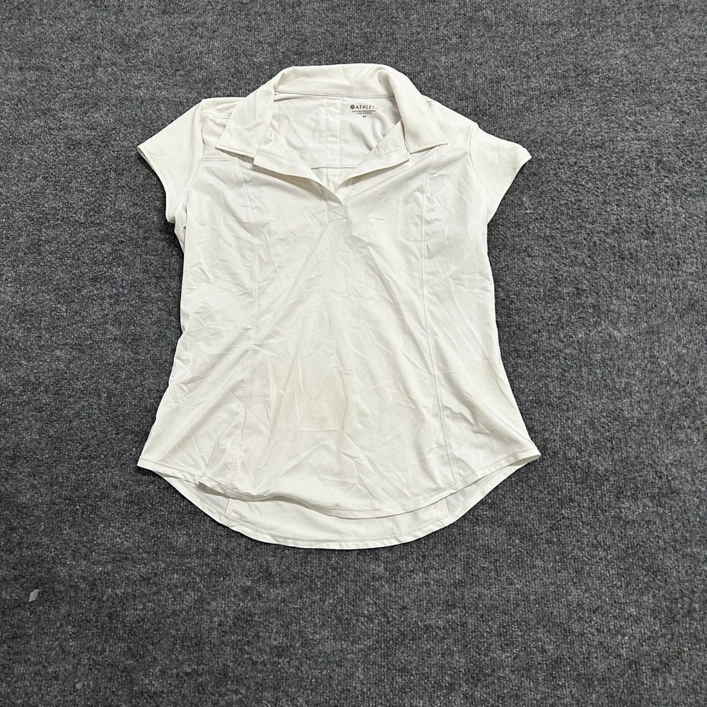 Athleta Polo Womens Size M White Short Sleeve Mesh Back Athletic Golf Tennis Top